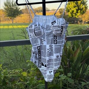 Stylish Black & White Newspaper Print Bodysuit